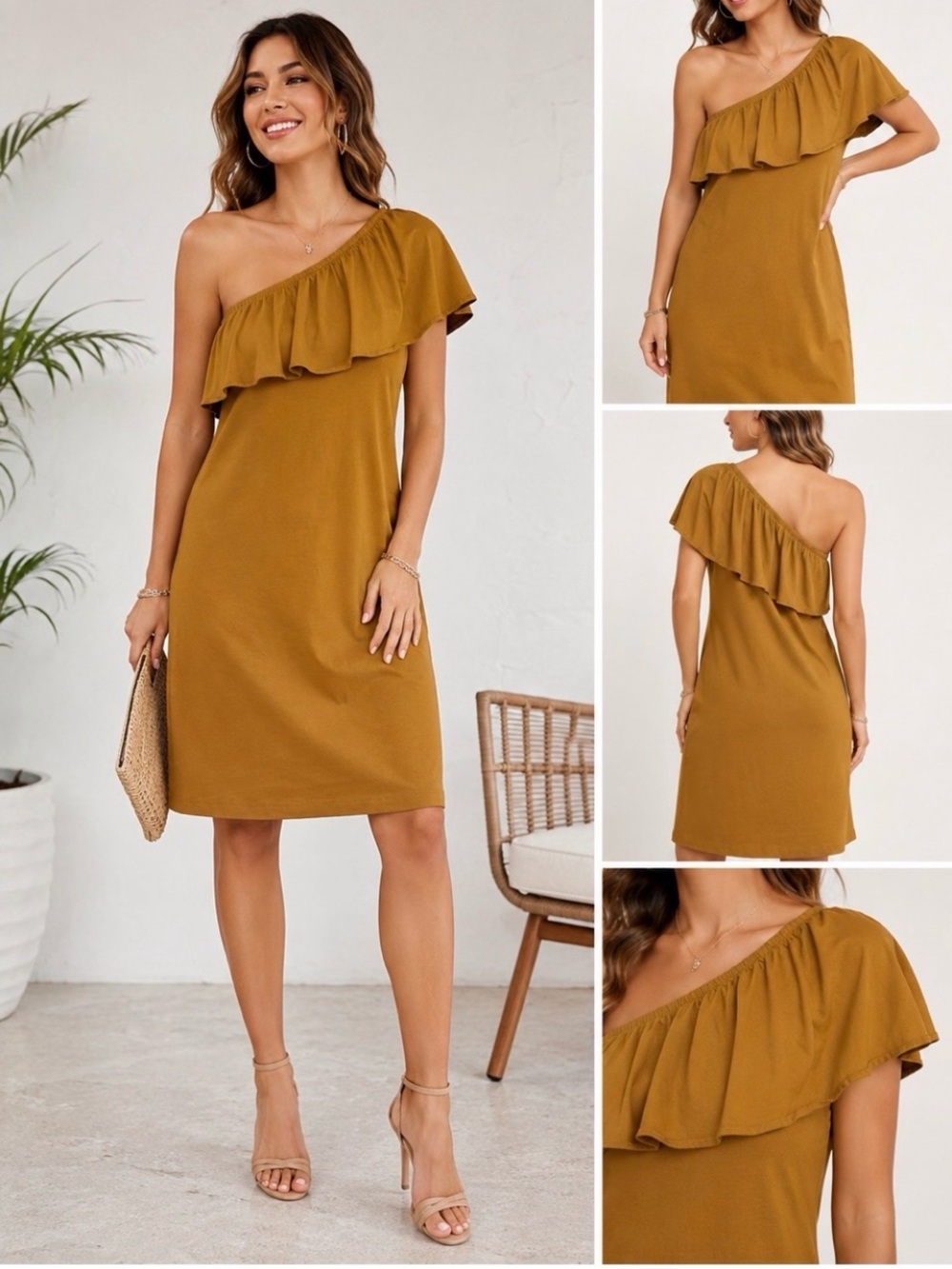 NWOT! Ruffle one-shoulder mini dress mustard brown turmeric M